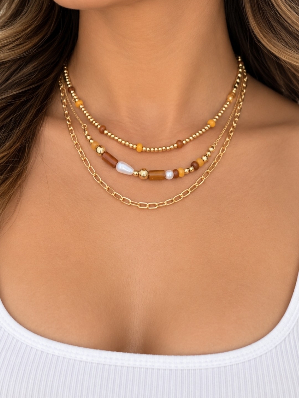 Layered Goldtone Boho Necklace In Amber Shaded Beads